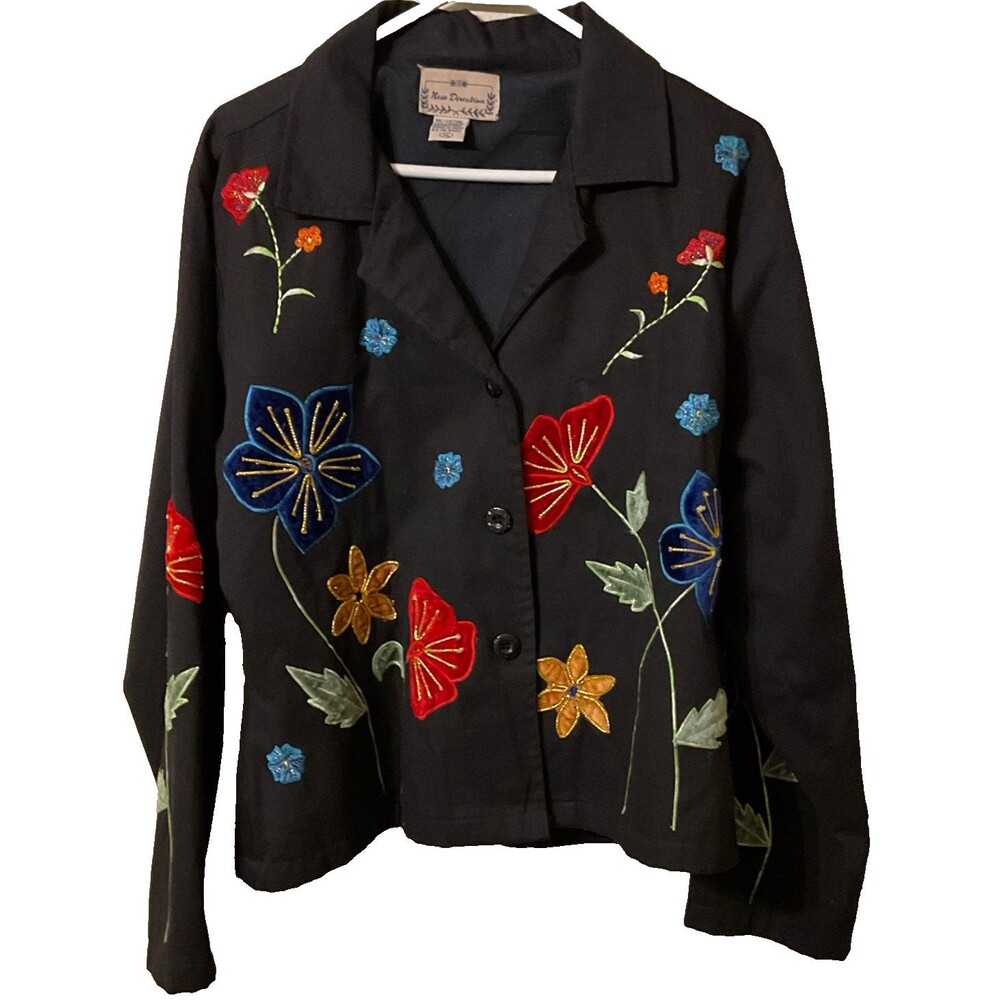 New Direction Vintage Black Floral Embroidered Jacket Cotton Velvet Appliqué XL